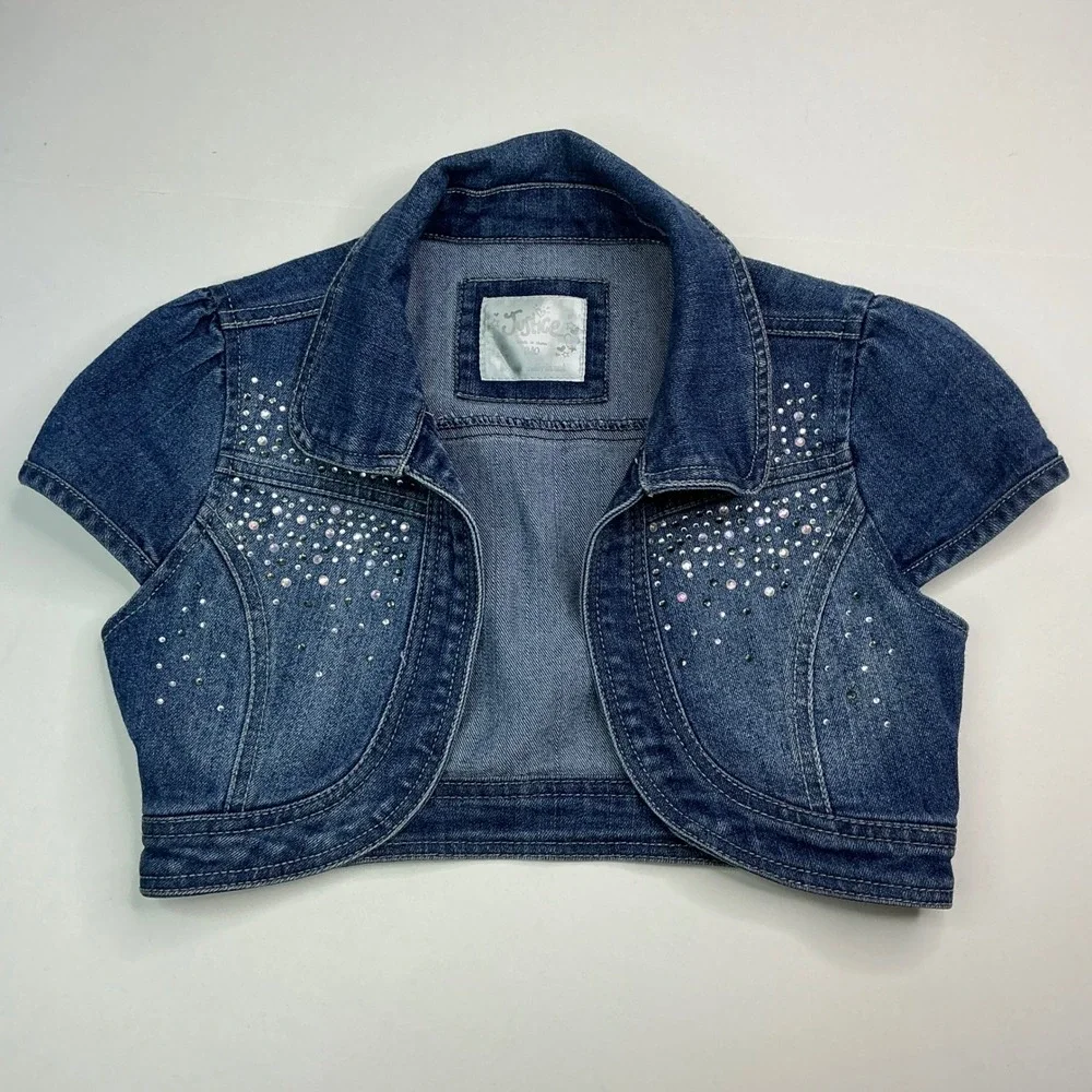Justice Blue Denim Bolero Shrug Kids 8/10 Rhinestone Embellished Cap Sleeve